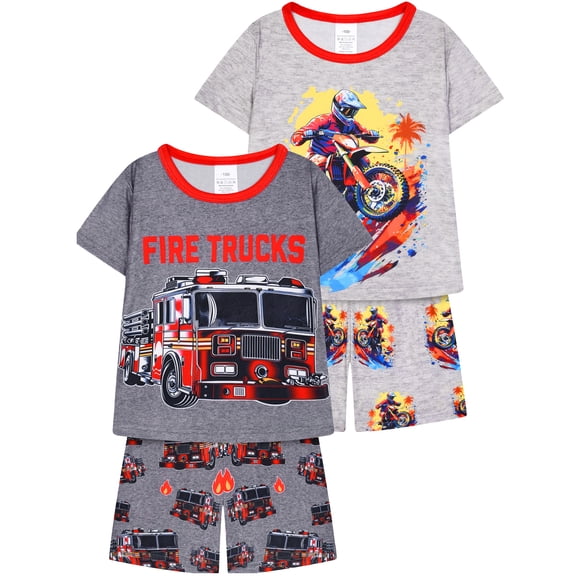WIBACKER 2-Piece Summer Pajamas for Kids Boys Fire Truck Short Sleeve Tee and Shorts Toddler Cool PJs Set Size 3-12Y