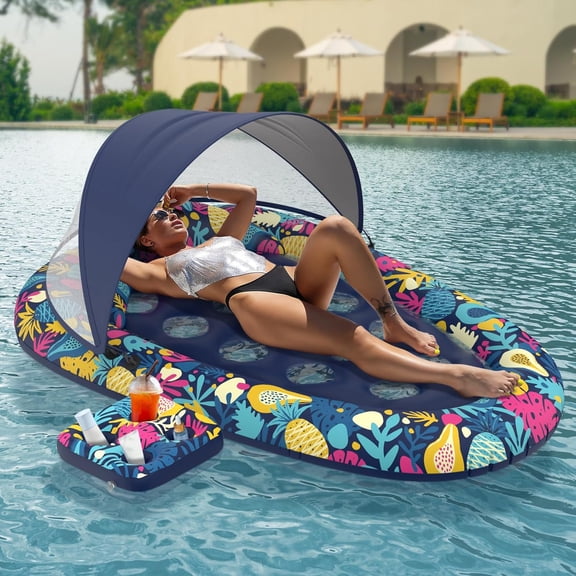 BESTSKY 3-In-1 Pool Floats with Canopy Cup Holder,Tanning Pool Large 73" X 48" Float Adult Heavy Duty,Inflatable Lounger Raft Floating Chair with Backrest,Swimming Pool Lake Beach Party
