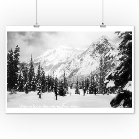 Snoqualmie Pass, Washington - Skiers Skiing during the Winter by Mountain - Vintage Photograph (9x12 Art Print, Wall Decor Travel