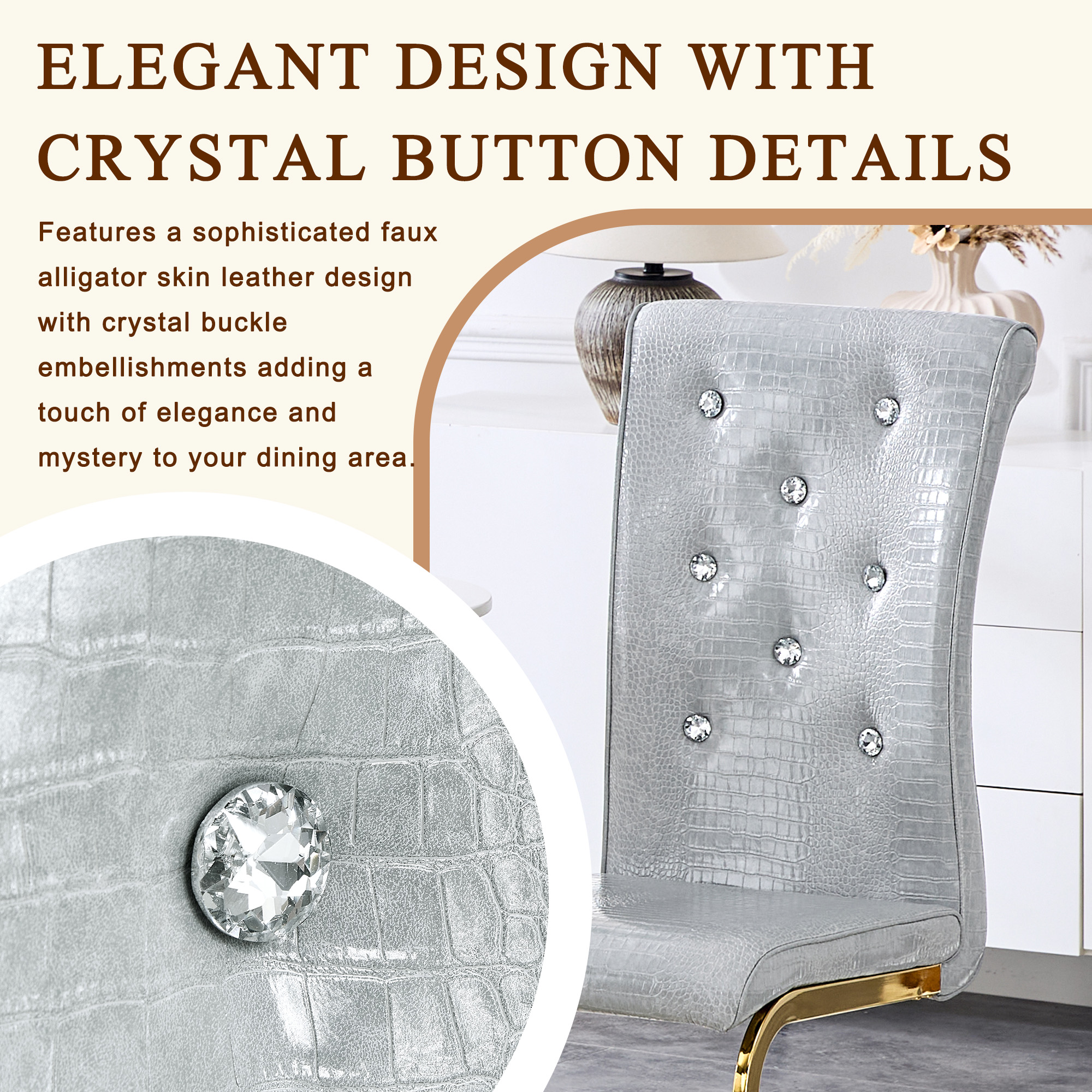 Aukfa Modern Dining Chairs Set of 2 , 400 lbs Heavy-Duty Faux Alligator Leather Kitchen Chairs with Crystal Button Tufted High Back,Gray