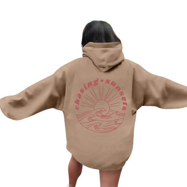 Sudadera con capucha de gran tamaño en rosa 2024 Sudadera linda informal preppy, sudadera con capucha rosa con estampado de palma Tops con cordón de manga larga y bolsillos Camello L