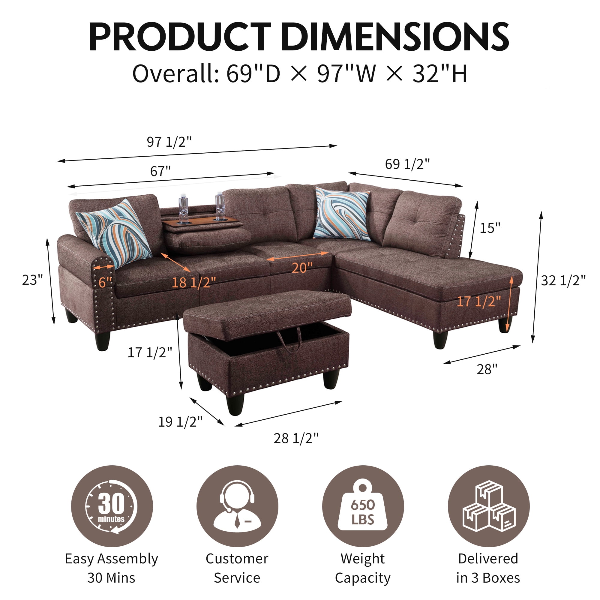 Aukfa 3 Piece Sectional Sofa, Living Room Couch with Storage Ottoman&Cup Holder, Linen, Right Hand, Brown