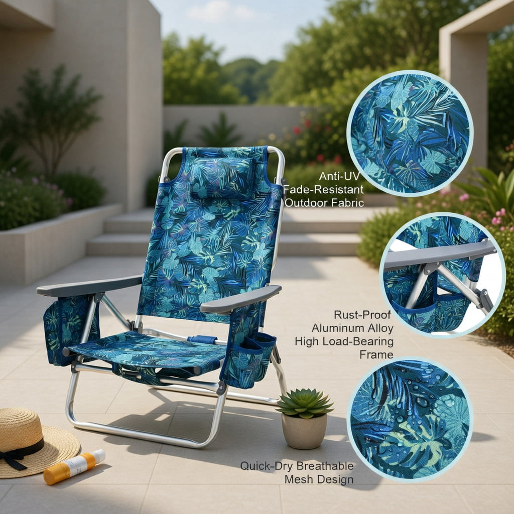 Hommoo 4-Pack Adjustable 5-Position Folding Beach Chair Set with Pillow, Aluminum Frame, Navy