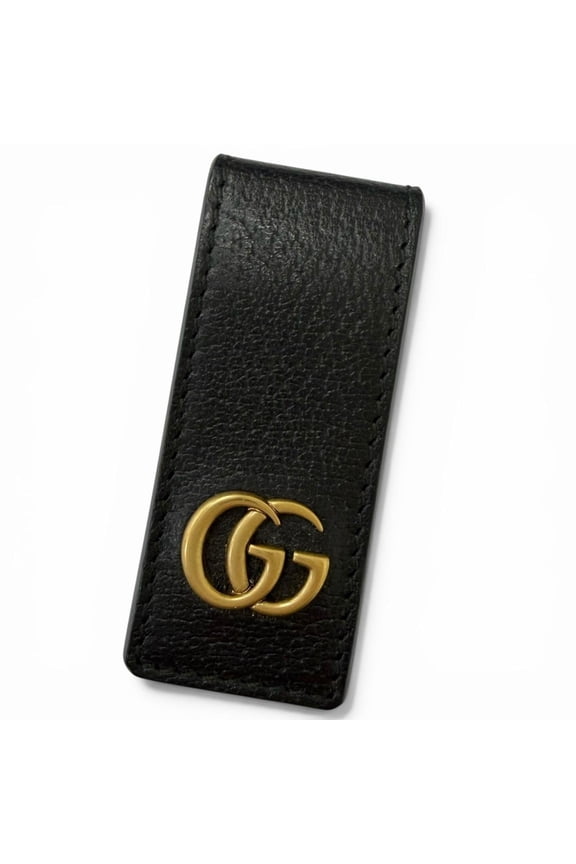 Pre-Owned GUCCI 522885 Leather GG Marmont Logo Gold Hardware Money Clip Wallet Black Made in...