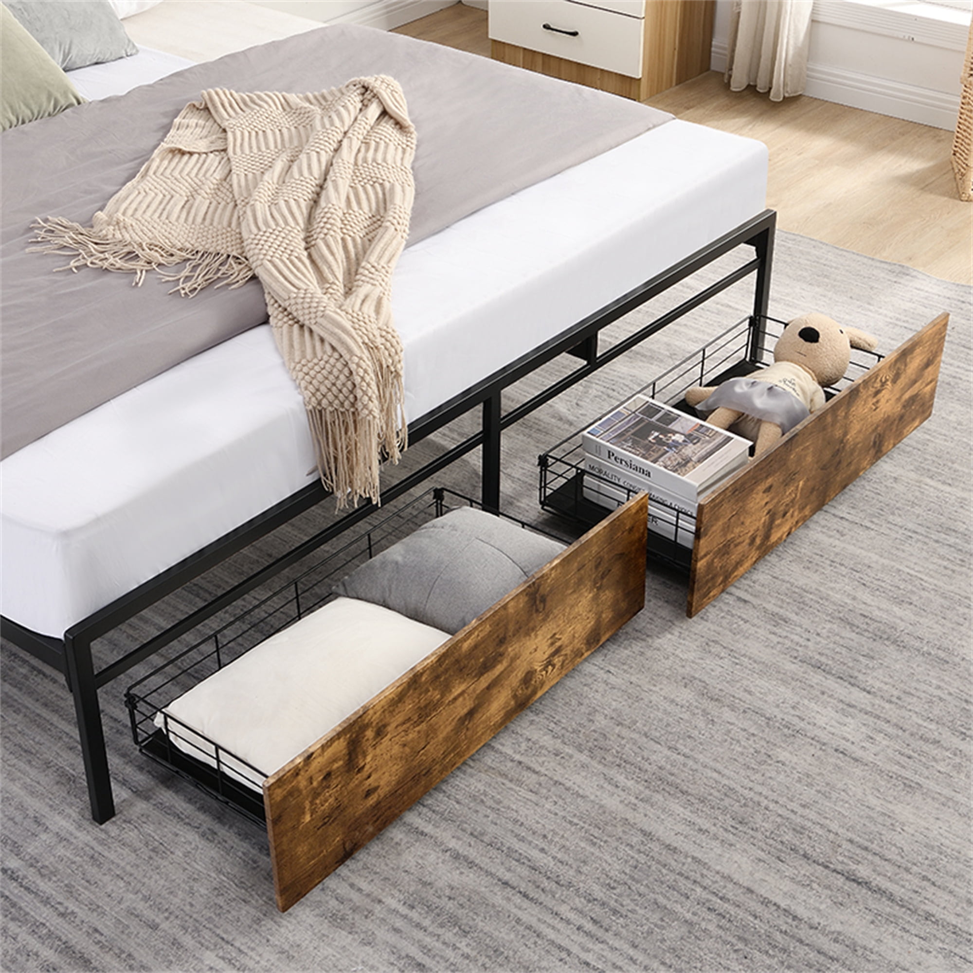 Aukfa Metal Queen Size Bed Frame with USB Ports, 16 Colors LED Lights, 2 Storage Drawers, Brown