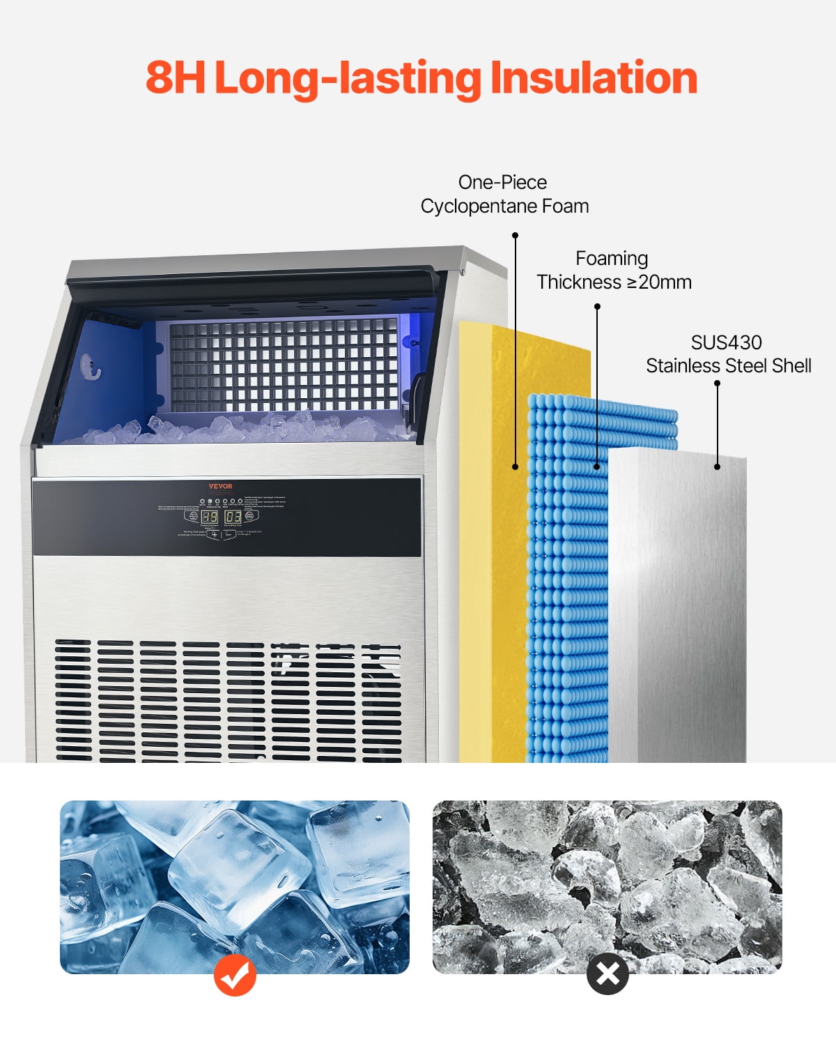 VEVOR 440lbs/24H Commercial Ice Maker,160 Ice Cubes in 15 Minutes, Freestanding Ice Maker Machine with 88lbs Large Storage Capacity for Bar Office Restaurant