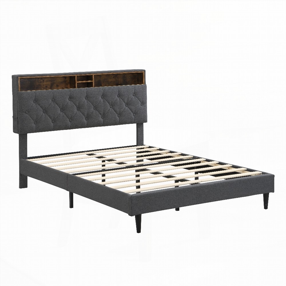 Dark Grey Queen-Size Upholstered Platform Bed Frame Having a Button-Tufted Linen Fabric Headboard, Two Storage Compartments & Built-in Charging Station (No Box Spring)