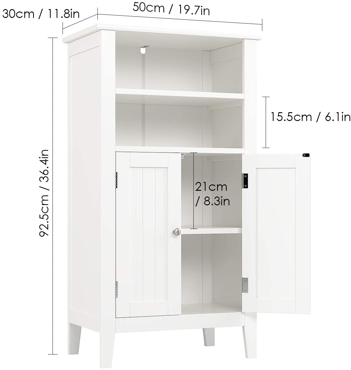 Homfa 2 Tier Shelves Bathroom Storage Cabinet, Wood Storage Floor Cabinet with 2 Doors, White - image 4 of 12