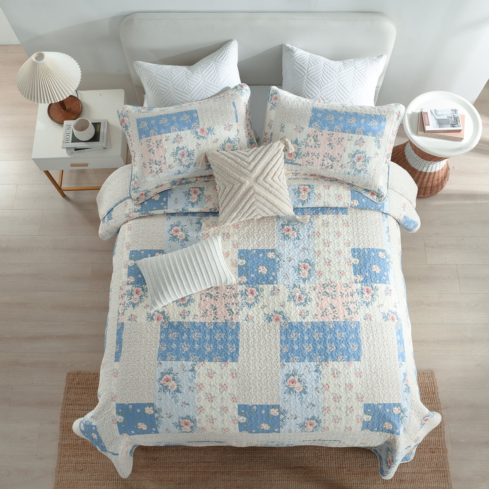 DUOHONG King Bedspread 120"W x 120"L - 100% Cotton Reversible Lightweight Oversized Quilt with 2 Pillow Shams, Blue/Cream White
