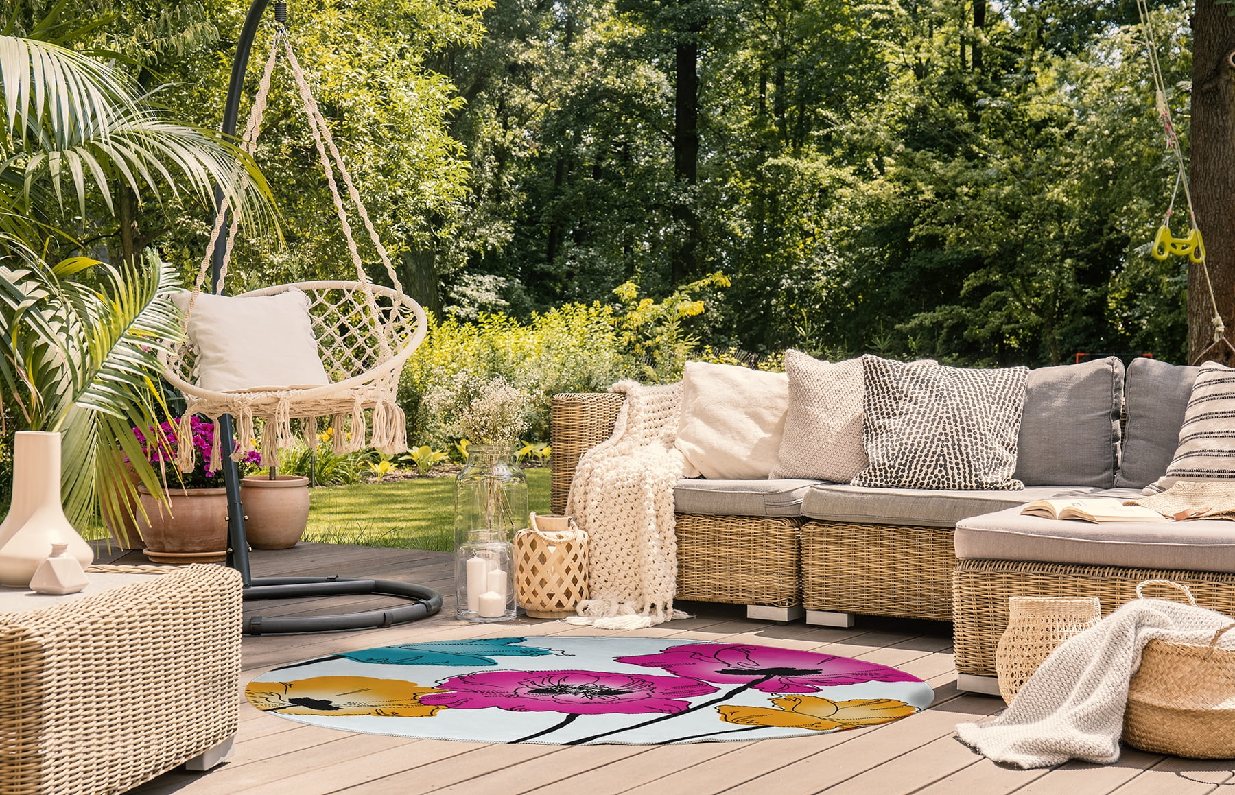 Simply Daisy 5' Round Pink Popping Poppies Spring Chenille Indoor/Outdoor Rug