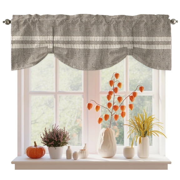 Farmhouse Grey Brown Tie Up Valance Curtains for Windows, Kitchen Curtains Window Treatments, Vintage Country Linen Textured Short Window Shades Valances for Bedroom Bathroom Cafe 42"x12"