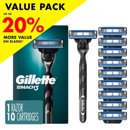 Gillette Mach3 Shaving Razor for Men, Razor Handle, 10 Blade Refills