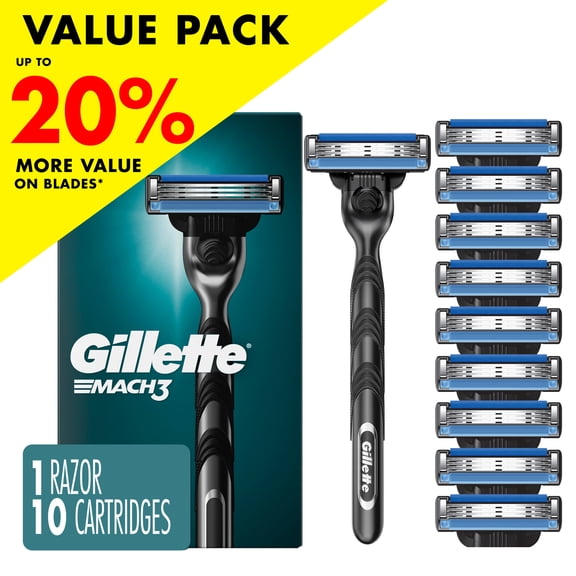 Gillette Mach3 Shaving Razor for Men, Razor Handle, 10 Blade Refills
