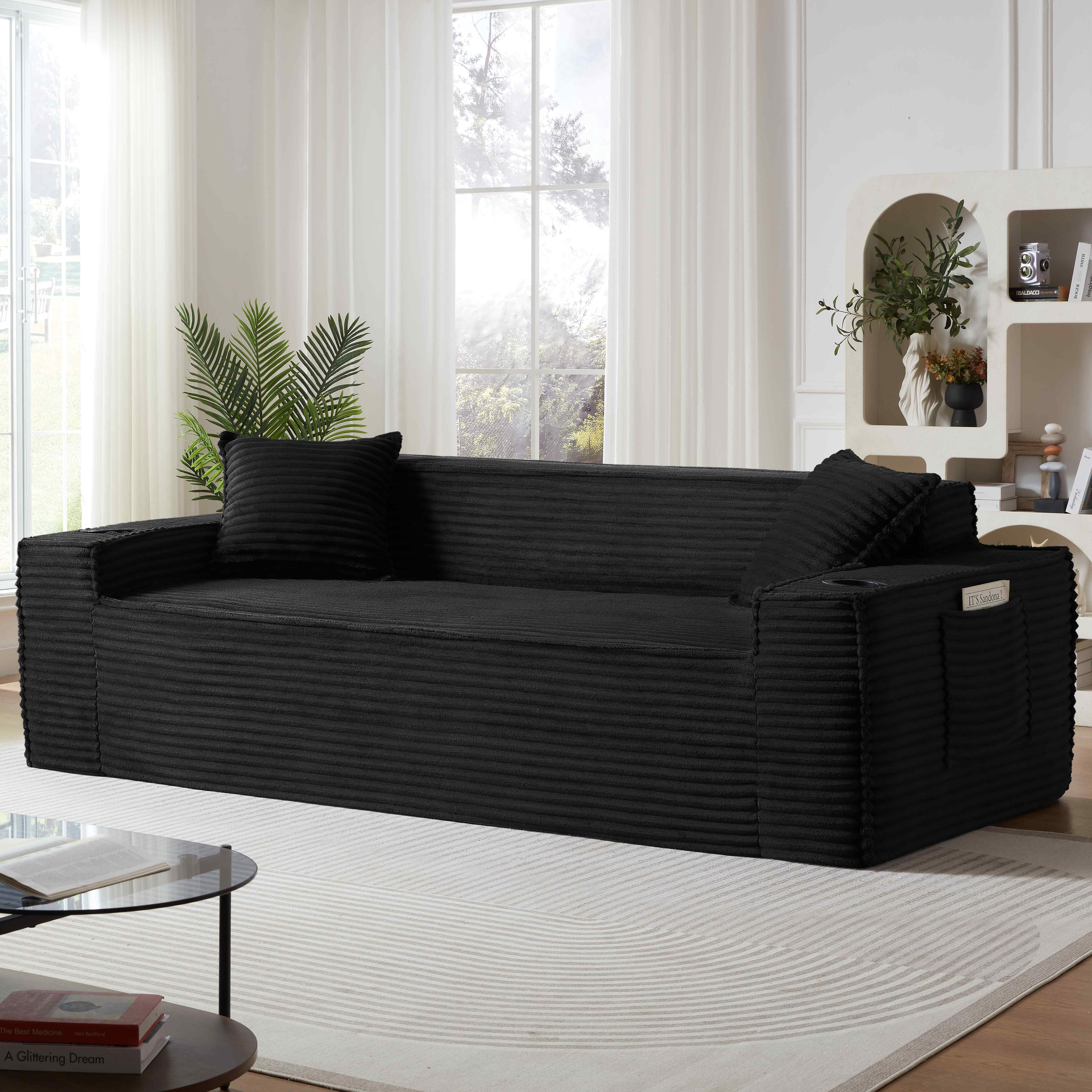 FFH 80.7" Corduroy Sofa, 3 Seater Boneless Cloud Couch for Small Living Rooms, Apartments and Offices, Black