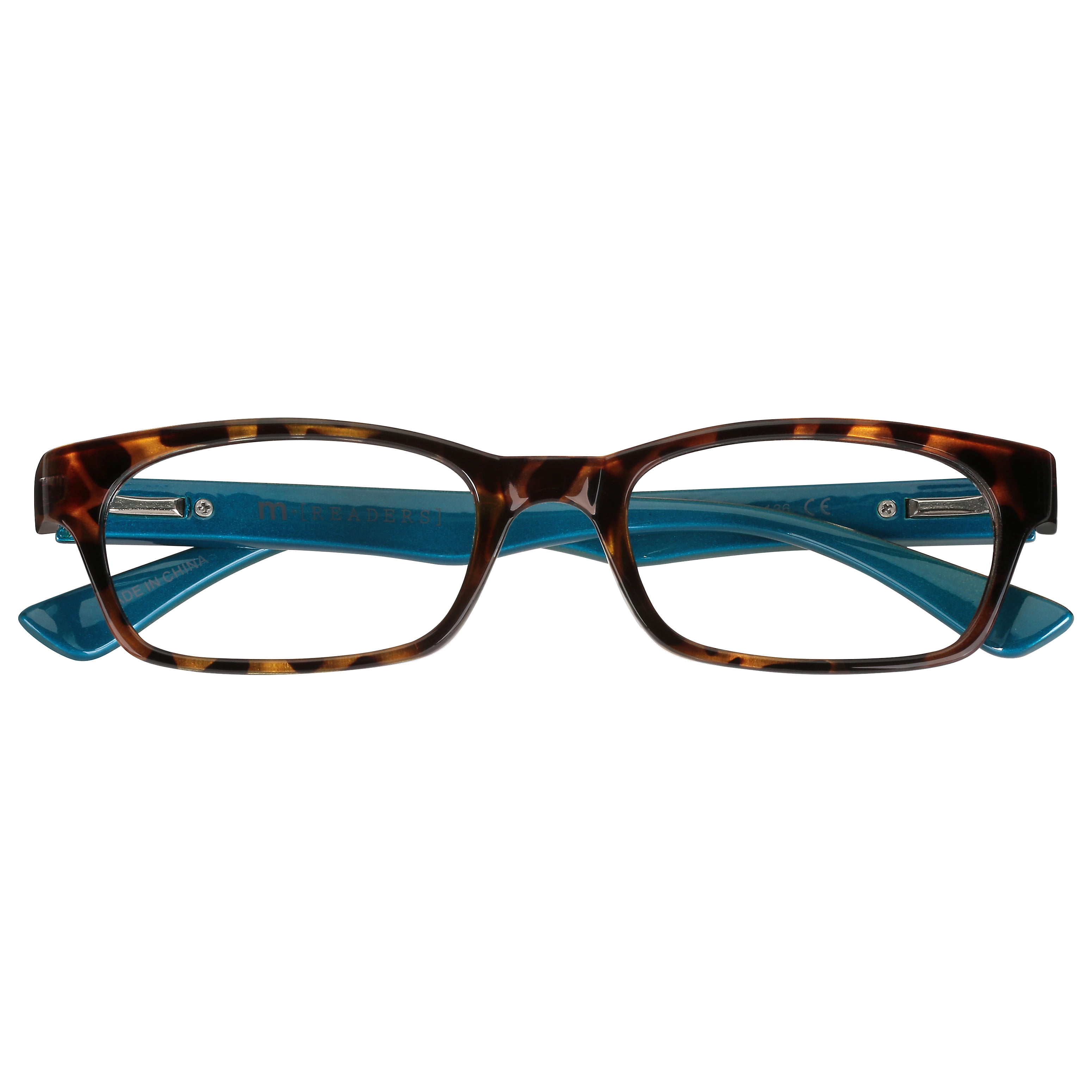 M+ Womens Rectangular Plastic Reading Glasses 3.00 Colleen in Tortoise with Teal Inner Color
