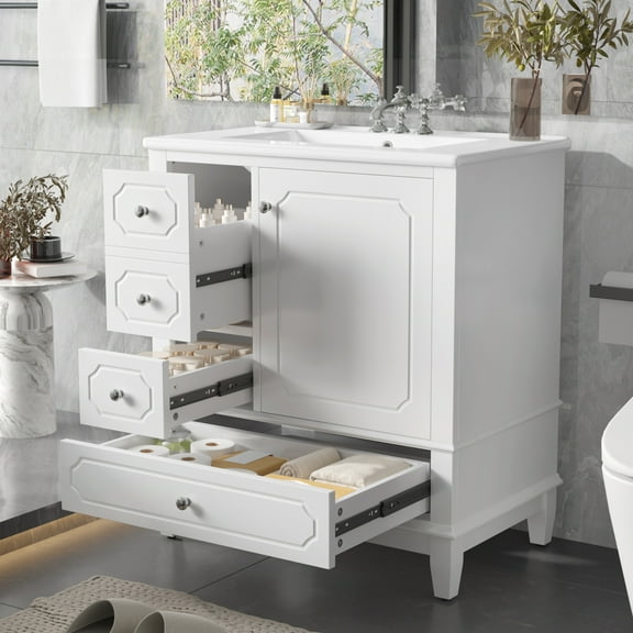 SogesHome 30-Inch White Freestanding Bathroom Vanity with Ceramic Sink - Solid Wood Frame, Soft-Close Door, 3 Drawers & Storage Shelves (Painted MDF/Rubber Wood）
