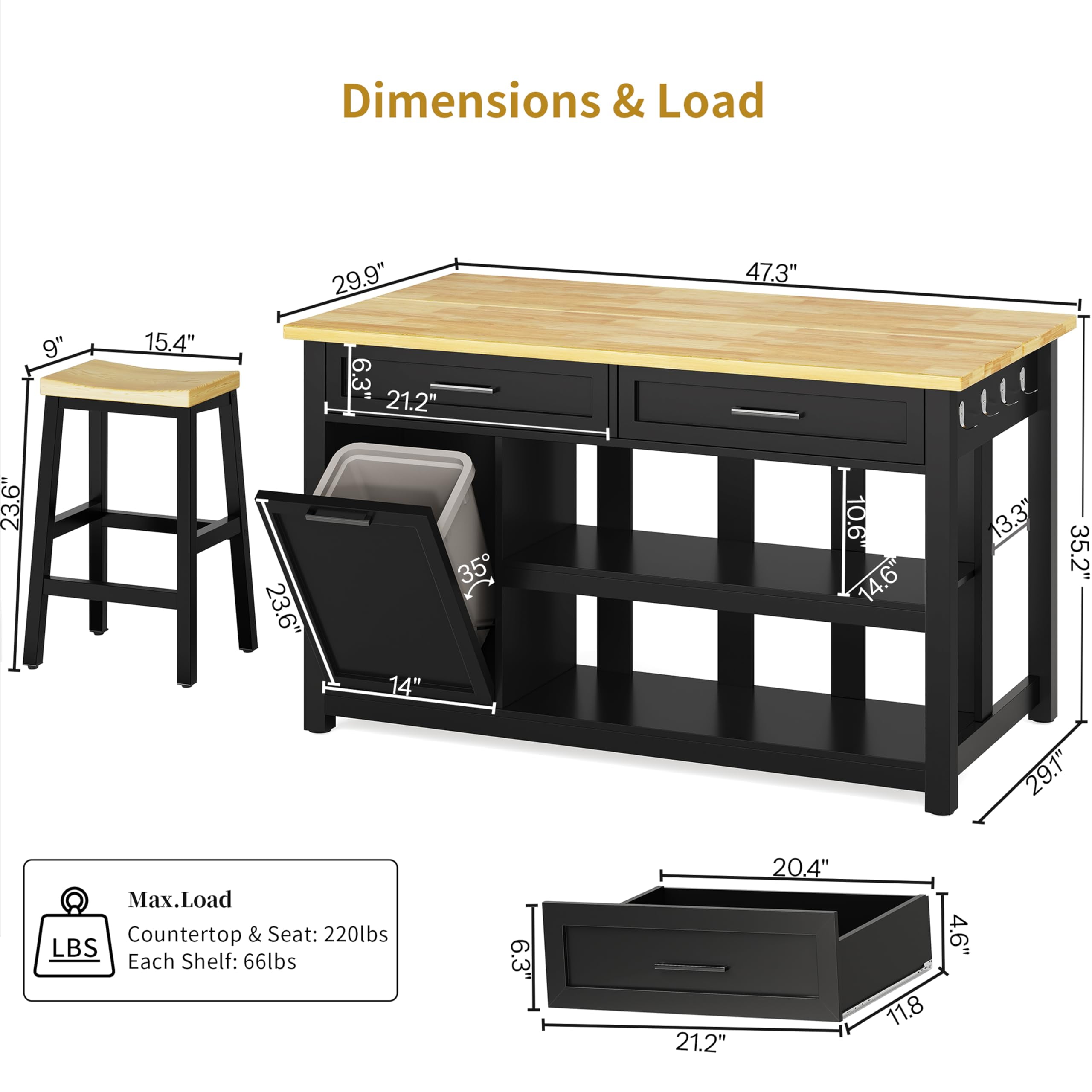 ChicZhiNest Kitchen Island with Seating Include 2 Stools, 47" Solid Rubberwood Dining Table with Power Outlet, 6 Hooks, Kitchen Bar Table Set with 2 Drawers & Open Shelves Storage Cabinet, Black