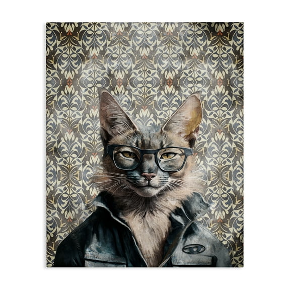 Stupell Industries Wild Cat on Damask Animals Painting Wrapped Canvas Art Print Wall Art, 16 x 20