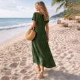 thumbnail image 6 of Women's Linen Cotton Blend Dress with Three Quarter Sleeves Pleated Solid, 6 of 9