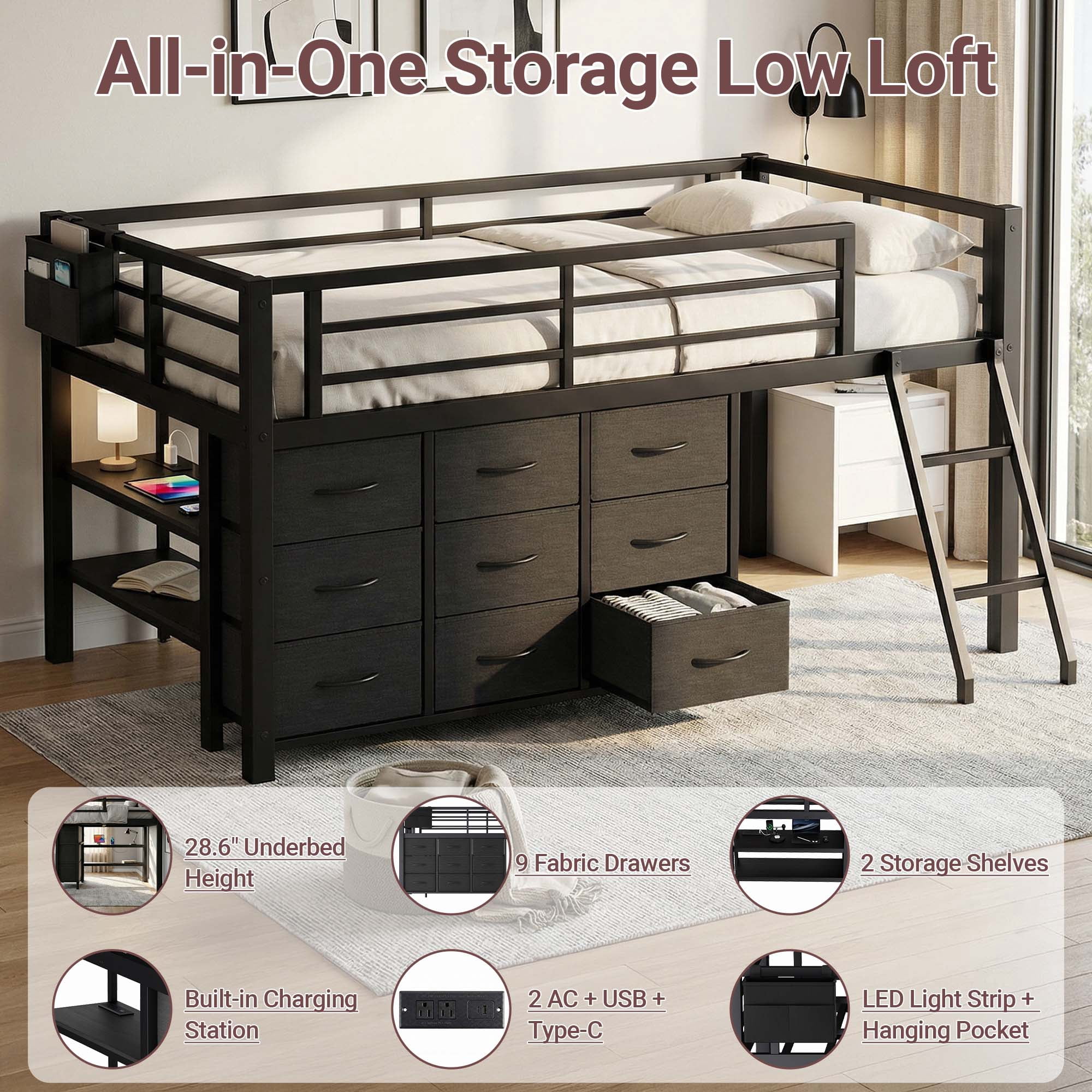 Twin Low Loft Bed with Storage, Metal Twin Loft Bed Frame with 9 Drawers, 2 Shelves, LED Lights and Charging Station, Black