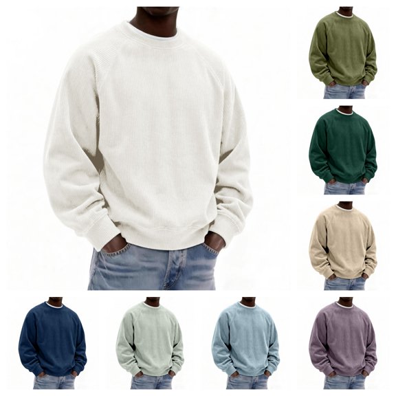 gzxflxpge Mens Corduroy Casual Sweatshirt Comfortable Soft Long Sleeve Crew Neck Sweatshirt Fall Winter Funky Relaxed Fit Pure Color Pullover White 4XL