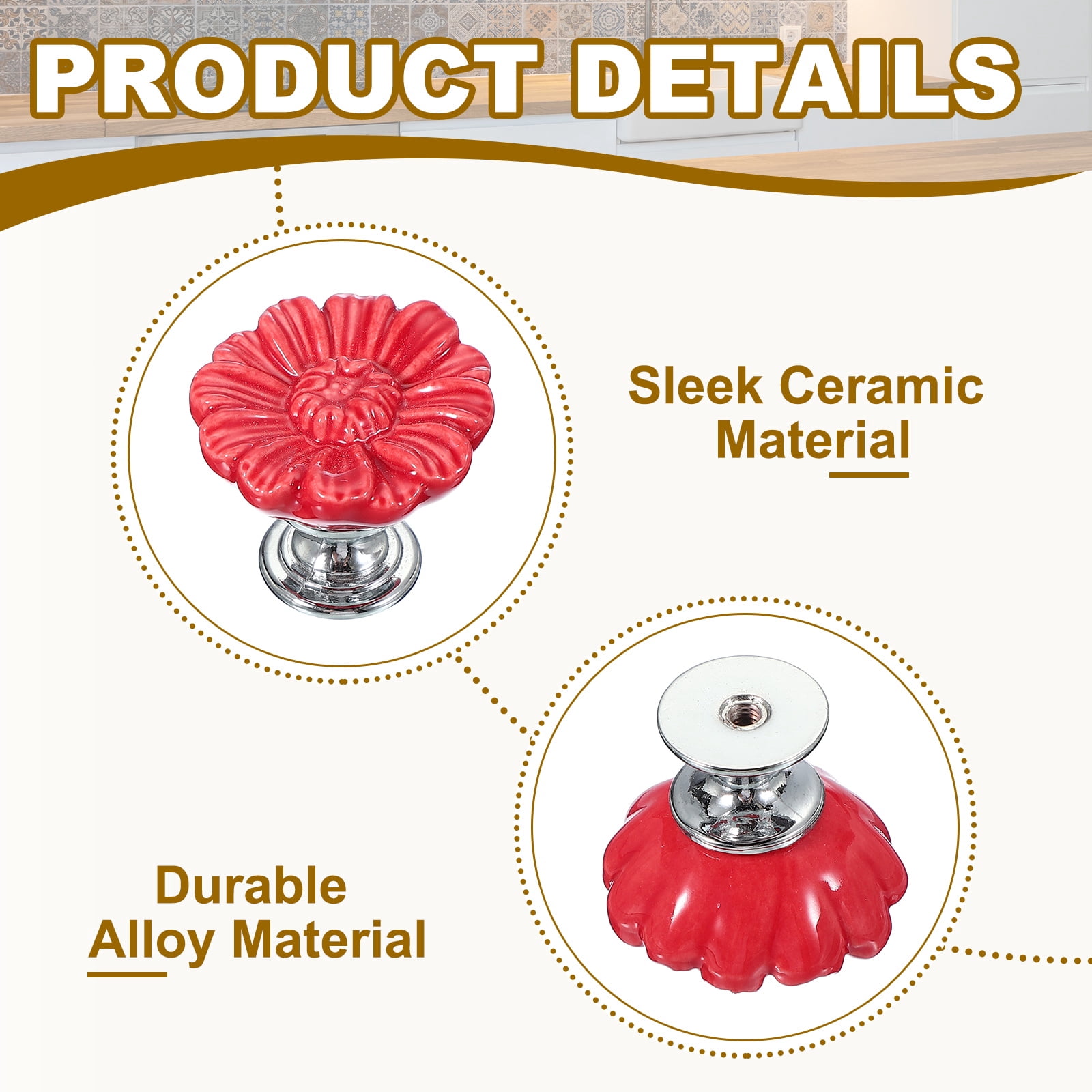Uxcell Vintage Floral Cabinet Knobs Ceramic Round Drawer Knobs Dresser Knobs Door Hardware Pull Handles Red 6