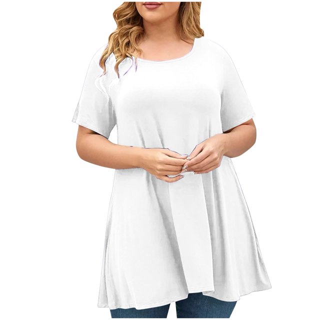 SwiftWear Women's Plus Size Flowy Tunic Top Spring & Summer Short Sleeve Loose Fit Crew Neck Shirt for Going Out