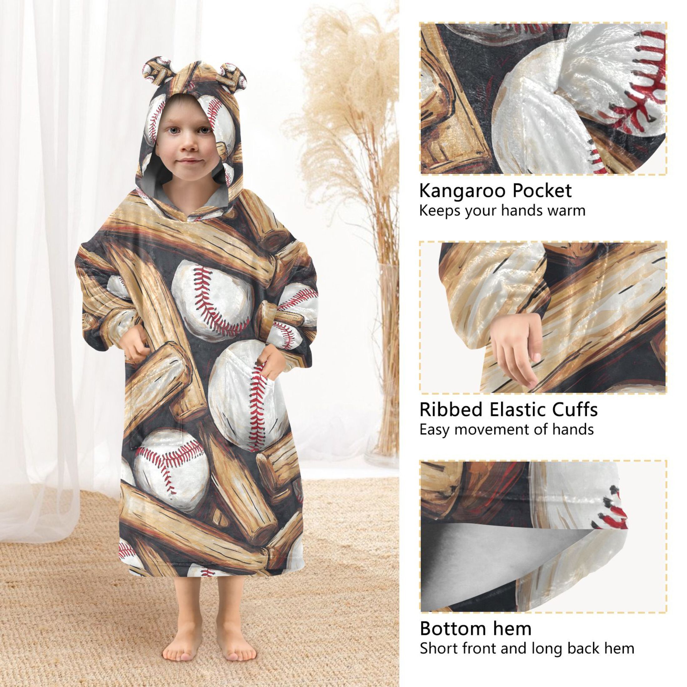 joogoo Blanket Hoodie for Baseballs Bats Oversize Sweatshirt 3-14 YR L