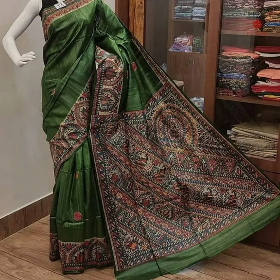 Green Pure Tussar Silk Hand Painted Madhubani Saree