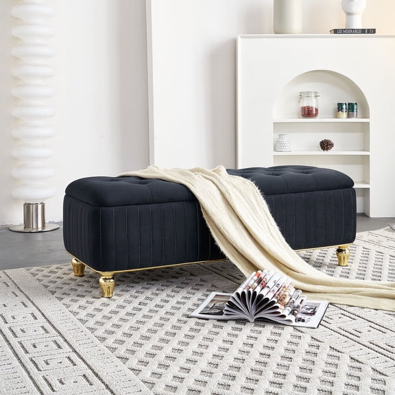 Cterwk Velvet Fabric Storage Ottoman with Safety Hinge, Upholstered Storage Bench Footstool for Living Room, Bedroom, Black