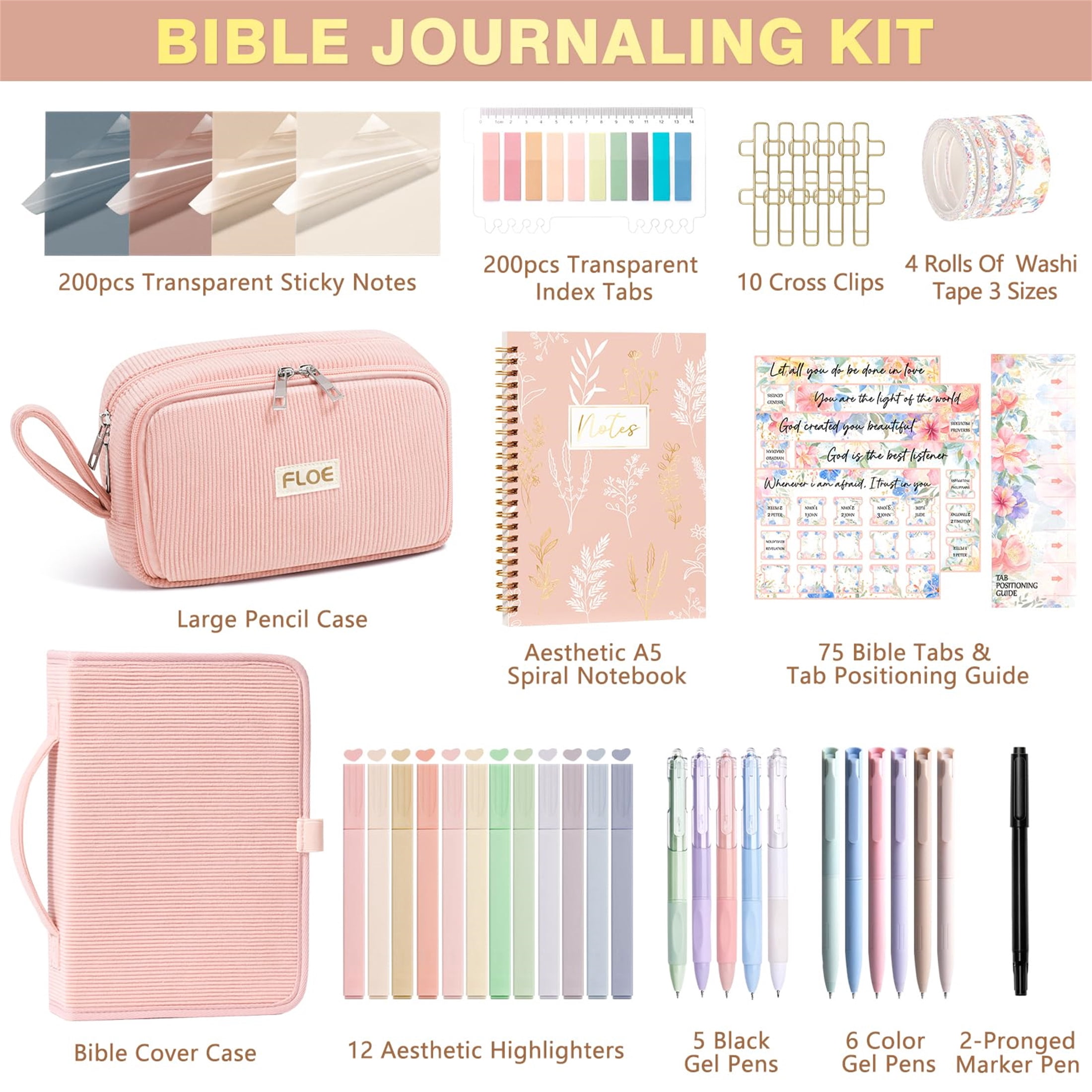 Bible Cover Case with Bible Study Supplies Journaling Kit, Bible Study Tool w/Pastel Highlighter Pen, Pencil Case Notebook Annotation Kit Accessories Set, Christian Gifts for Women (Pink)