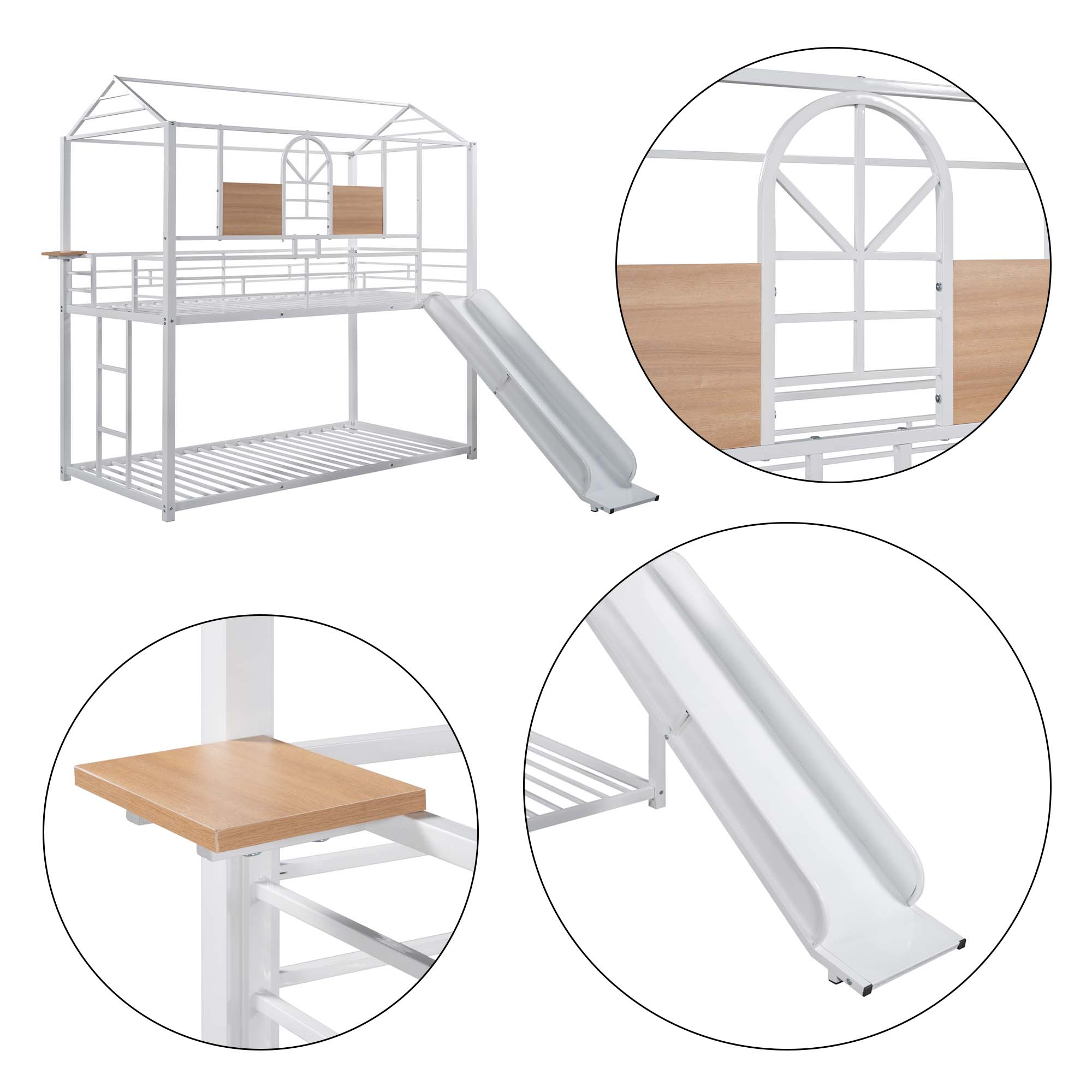 Aukfa Twin over Twin Bunk Bed with Slide, Metal House Bunk Bed for Kids Teens - White