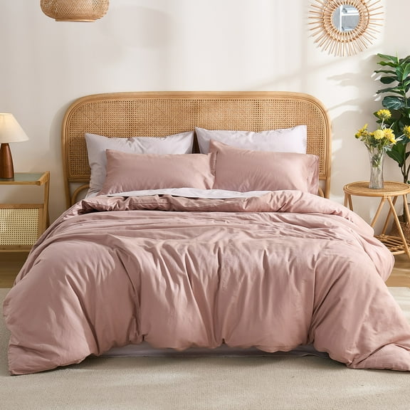 100% Washed Cotton Duvet Cover –Red pink, Linen-Like Texture, Super Soft & Breathable Bedding Set, 3-Piece Durable Percale Comforter Cover