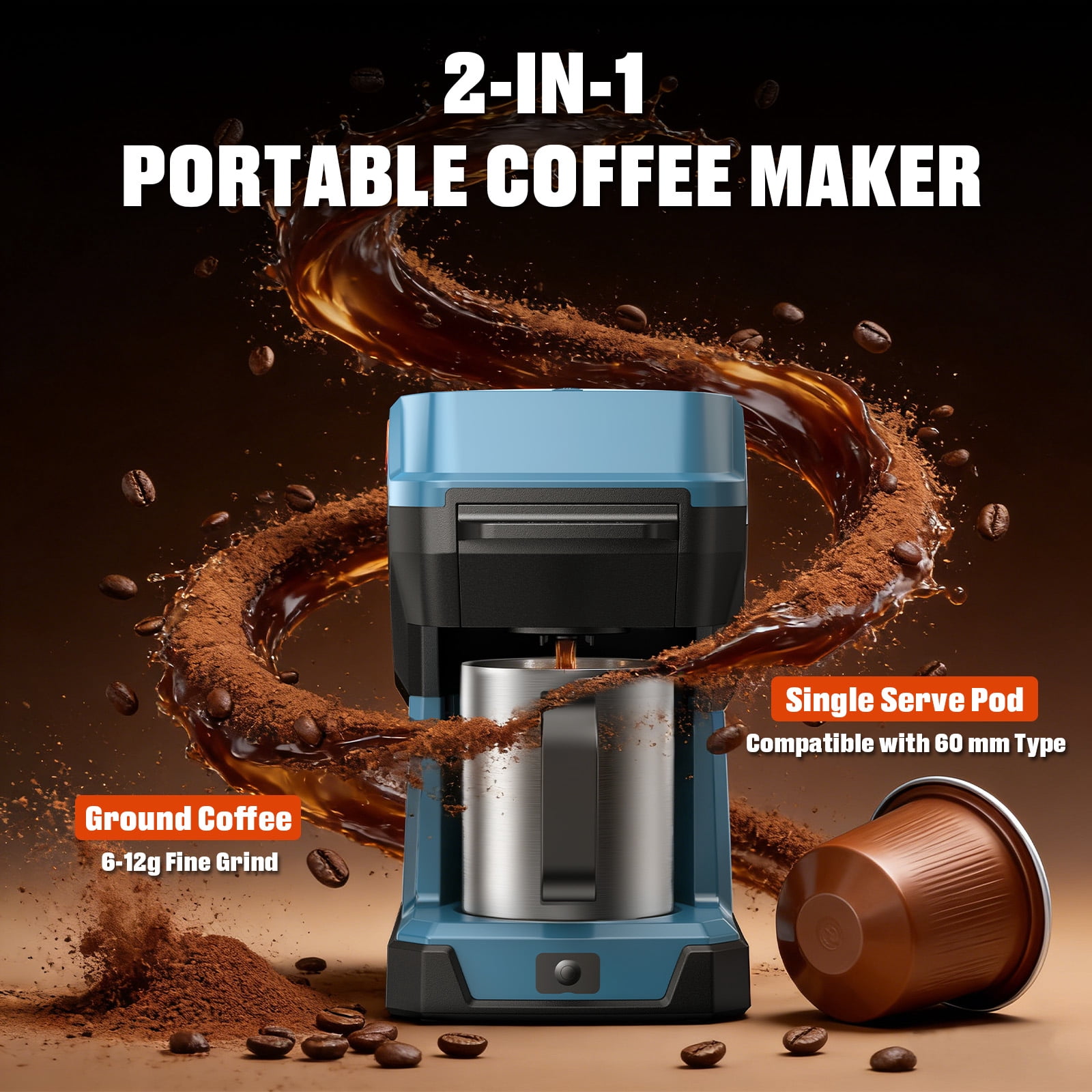 SENIX Coffee Maker, 20V Cordless & 120V AC Portable Single Serve Coffee Machine, Compatible with Ground Coffee, Pods & Capsules, for Travel, Camping, RV & Office