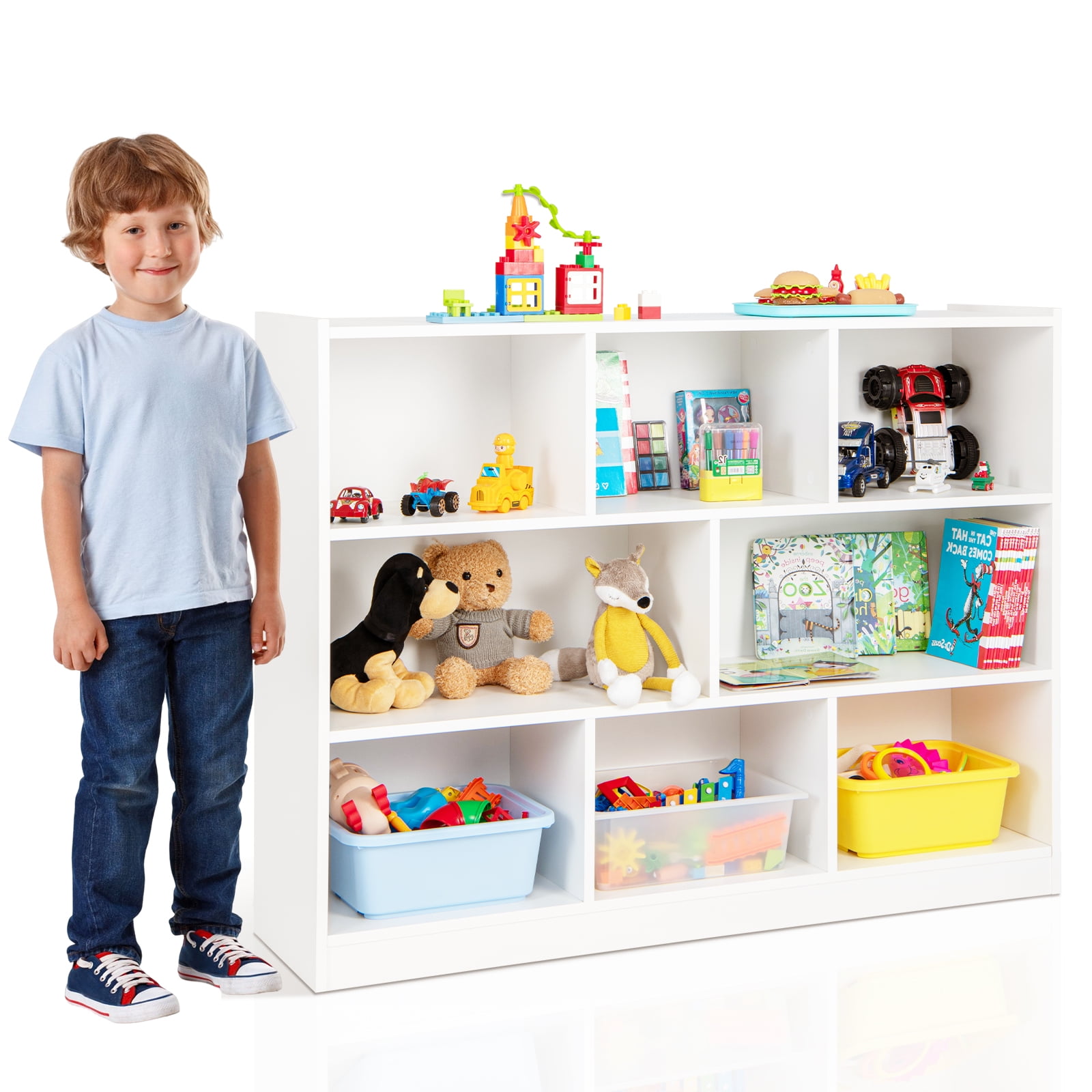 Topbuy Wood Storage Cube Bookcase 3 Tier 8 Cube Open Shelf Storage Cabinet with Anti-Toppling Devices Multipurpose Bookshelf White