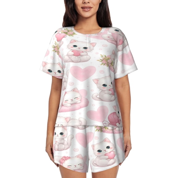 Cute Kitten Hearts Valentines Day Women’S Short-Sleeved Pyjama Set Round-Neck Loungewear for Indoor and Outdoor