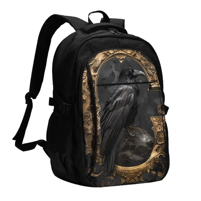 Easygdp Gothic Raven Portrait Mochila para Laptop de Viaje con Puerto USB, Mochila para Laptop con Puerto de Carga USB para Mujeres y Hombres