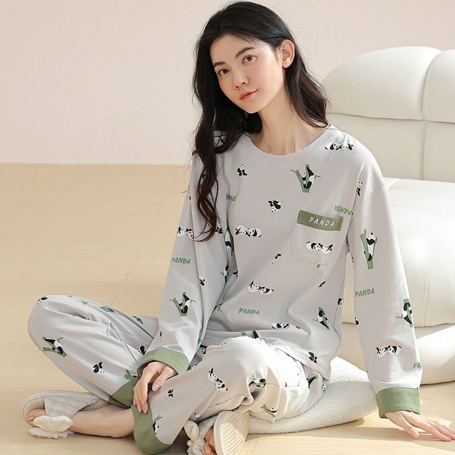 Pijamas de otoño e invierno para mujer, de algodón, de manga larga, con bonitos dibujos animados, para el hogar, se pueden usar al aire libre, traje de dos piezas
