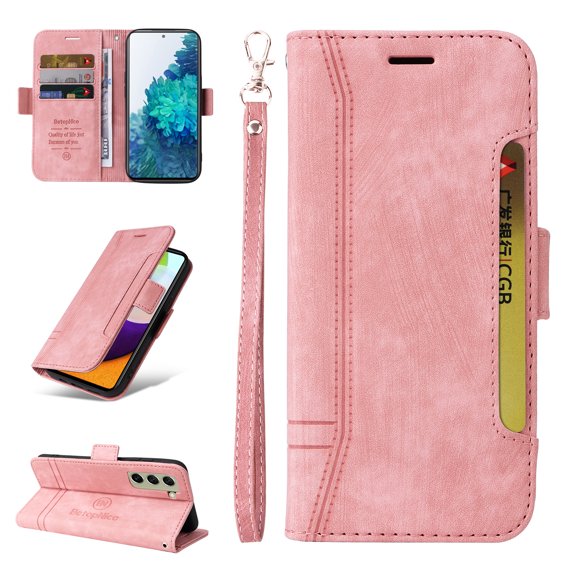 Allytech Case for Samsung Galaxy S21 FE 5G,PU Leather Wallet Cover with ID Credit Card Slots,Magnetic Buckle Flip Stand Shock Absorption Protective Phone Case + Wrist Strap,Pink