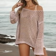 thumbnail image 2 of Women's Crochet Cover Ups Off Shoulder Sheer Mesh Long Sleeve Beach Tops Lightweight Quick Dry Relaxed Fit Bathing Suit, 2 of 7