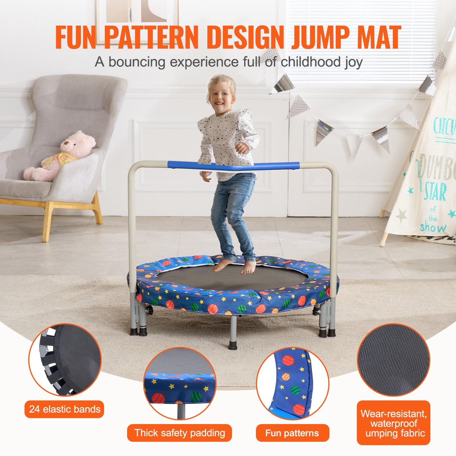 KFFKFF 36" Children's Trampoline, Suitable for Indoor and Outdoor Use, 3FT Compact Trampoline with Support Bar, Bouncy Trampoline for Young Kids