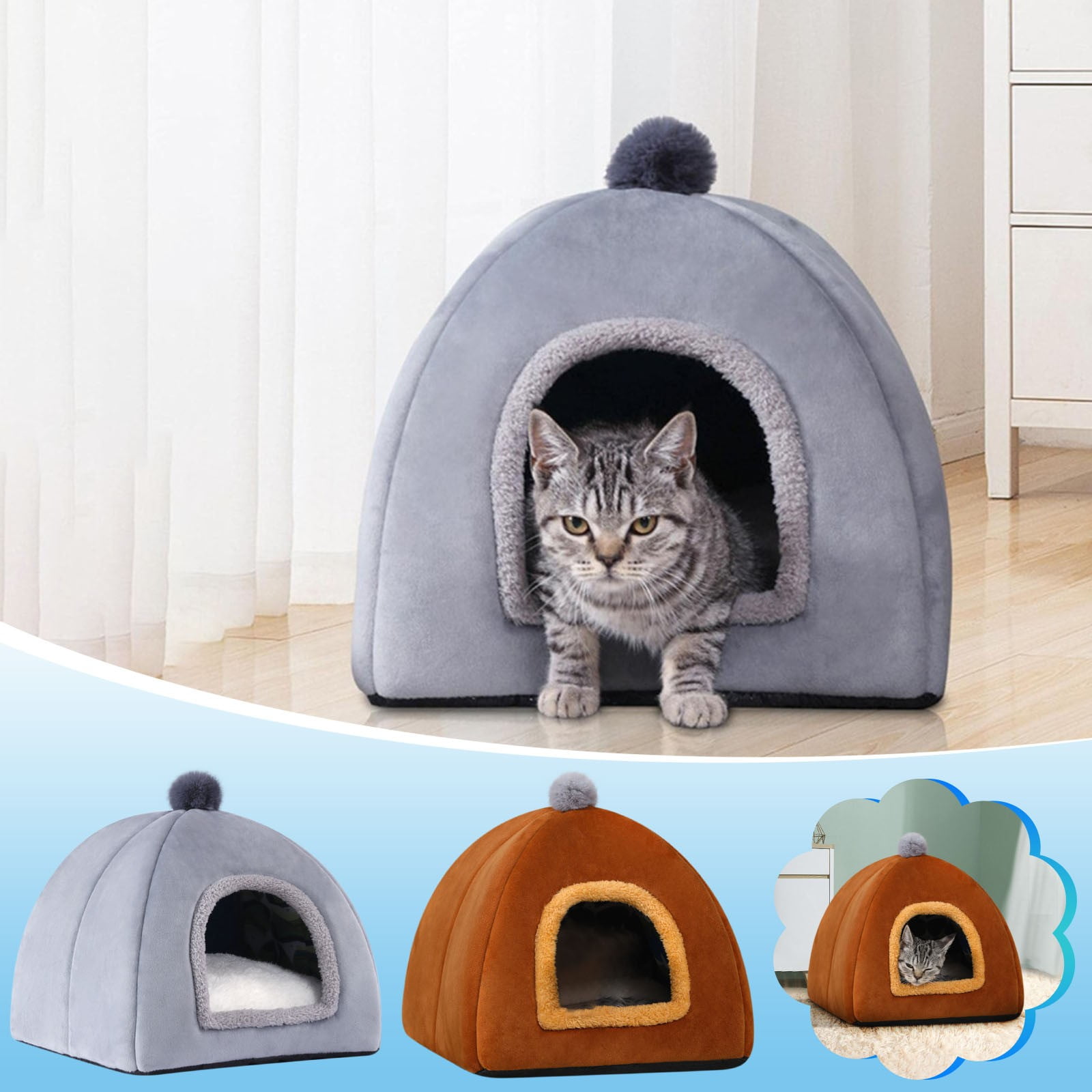 LSLJS Cat Bed Pet Beds for Cats Universal Pet Tent Thickened Cozy Cat Cave Beds for Indoor Cats Warm Pet Home Pet Bed Sleeping Cushion Cotton Pet Sofa Gray 9.8"H Machine Washable on Clearance
