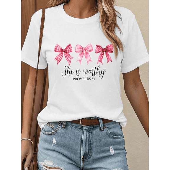 Worthy Woman Tee Top Soft Fashion and Comfortable Short Sleeve Round Neck Cotton Comfort Fit White S-5XL