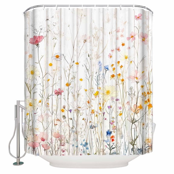 Extra Long Shower Curtain 72x96 Inch, Spring Flowers Shower Curtain Waterproof Bathroom Decor Watercolor Botanical Wild Florals Herbs Fabric Bath Curtain Set Accessories with Hooks