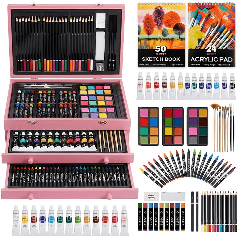173-Piece Deluxe Wooden Art Set with Drawing Pads, Paint Brushes, Acrylic & Gouache Paints, Colored Pencils, Crayons, and Wooden Storage Case