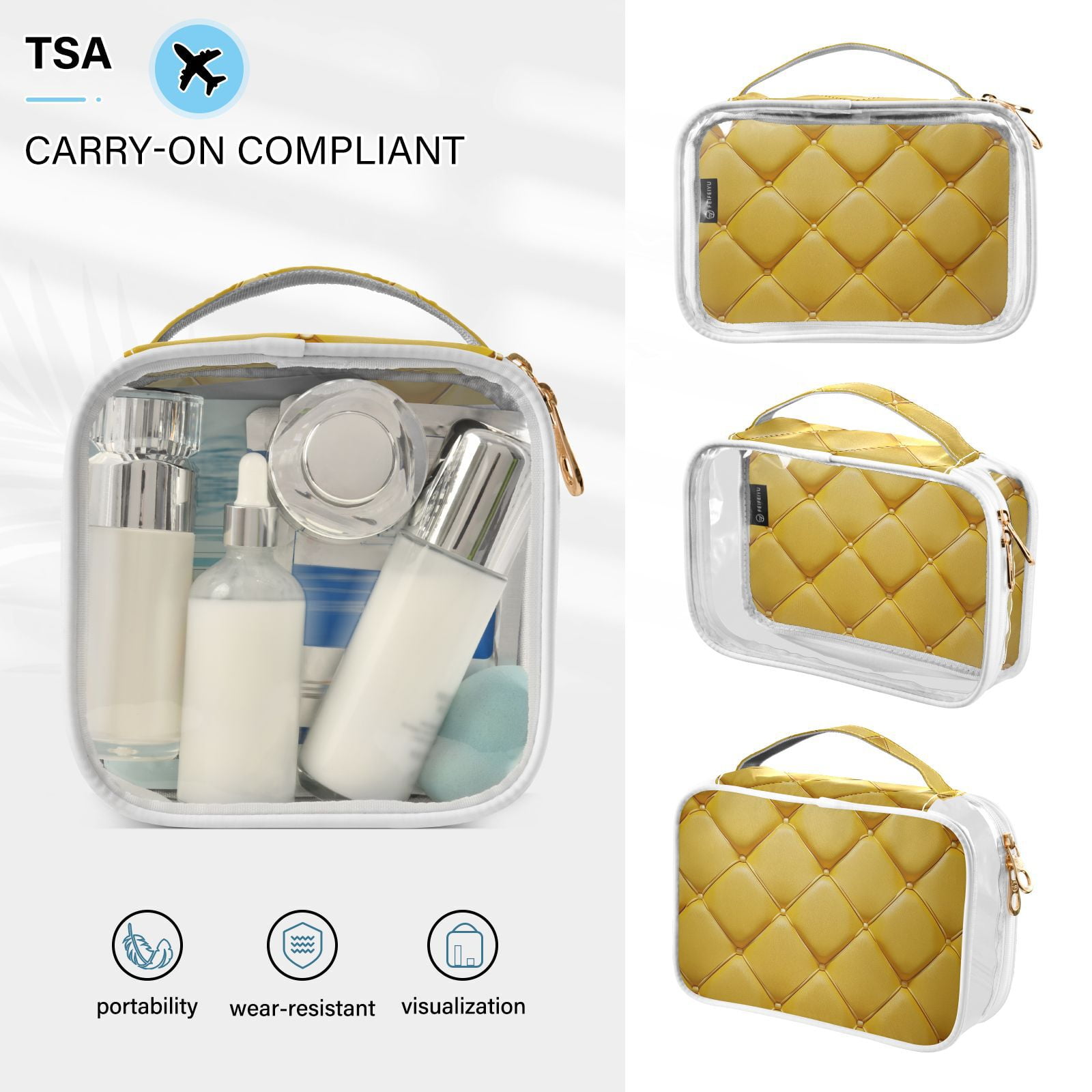 Clear Makeup Bags with Handle Large Opening 2 Pack Set Toiletry Bag Quart Size Bag, for Women Man Traveling Travel Essentials, Toiletries and Other. Yellow Grid Pattern