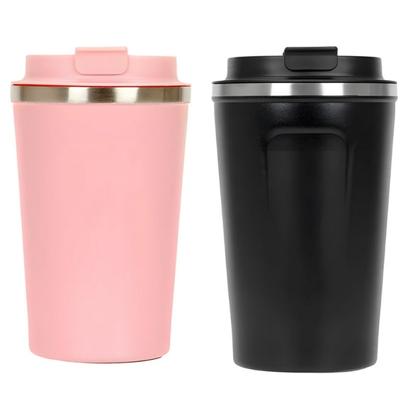 2 Pcs Insulated Coffee Mugs, 304 Stainless Steel Vacuum Thermos with One-Touch Lid, Leakproof Coffee Tumblers for Hot & Cold Drinks, Travel Coffee Cups, 12.8 oz, Black Pink