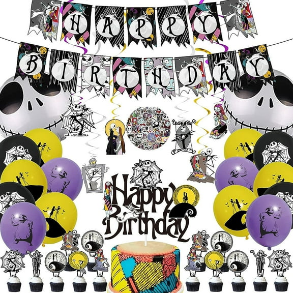 Halloween Theme Birthday Party Supplies, Jack Skellington Foil Balloon, Cupcake Topper Cards, Happy Birthday Banner Decoration Set