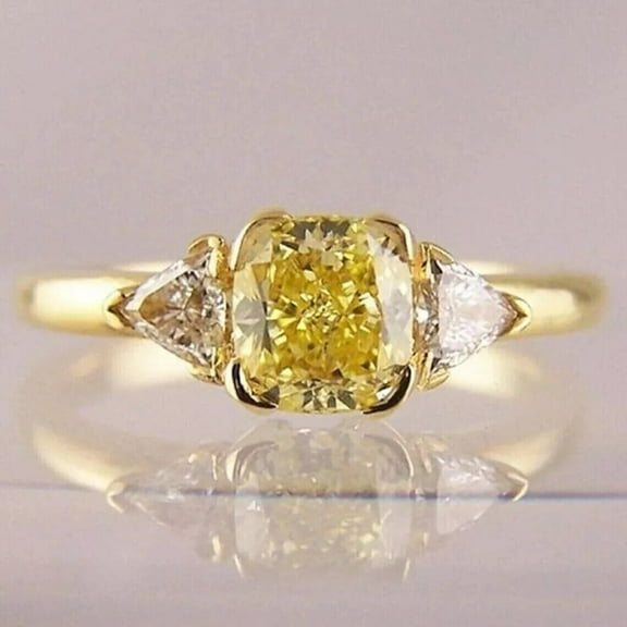 2 Ct Cushion Lab Created Canary Diamond Three Stone Ring 14K Yellow Gold Plated