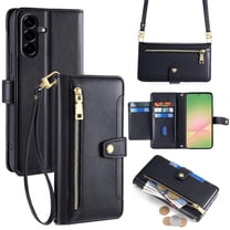 Leather for Samsung Galaxy A56 5G 6.7" Case with 6-Card Holder Zipper Bills Slot, Soft Sheepskin Shoulder Wrist Strap Wallet Case Women,Black,For Galaxy A56 5G